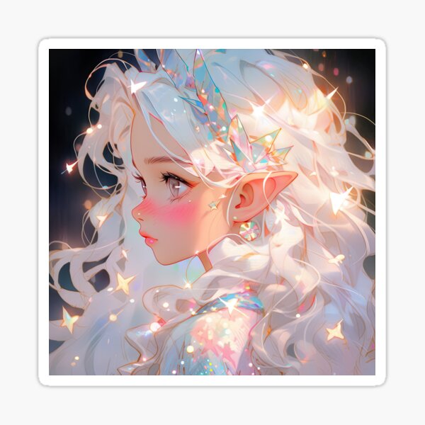 Beautiful Bright Neon Curly Hair Starry Anime Girl | Sticker