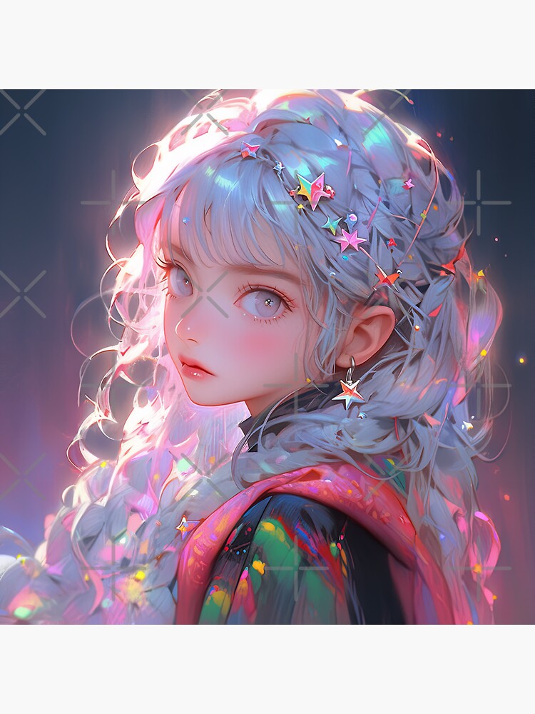 Beautiful Bright Neon Curly Hair Starry Anime Girl | Sticker