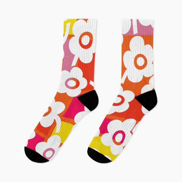 Item preview, Iconic Retro Scandinavian White Flowers Over Hot Pink, Orange and Yellow designed and sold by Deutschic.