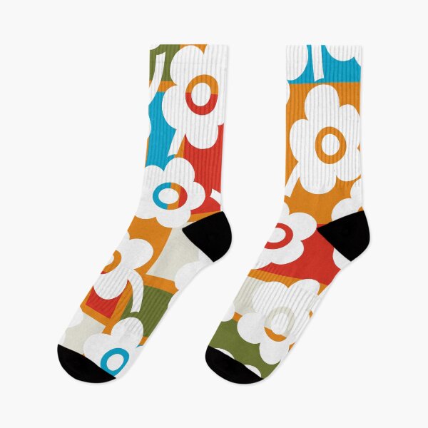Item preview, Iconic Retro Scandinavian White Flowers Over Orange, Blue and Green designed and sold by Deutschic.