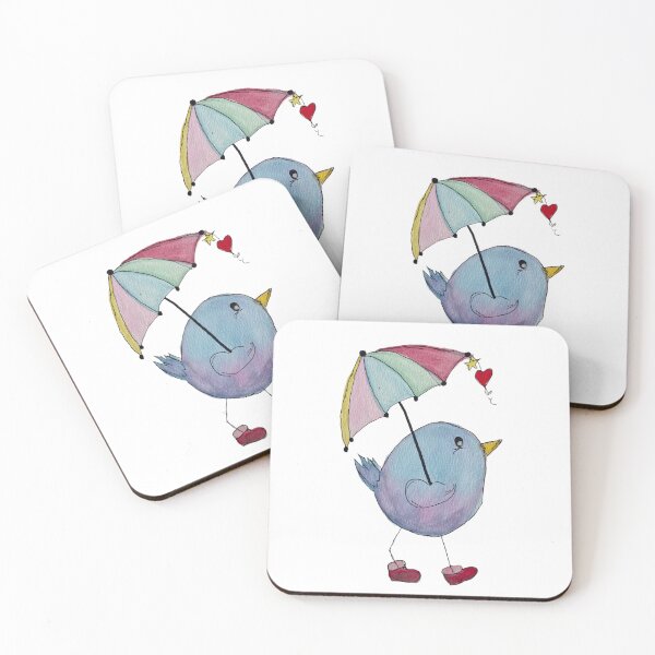 Item preview, Whimsical blue bird with umbrella watercolors art painting  designed and sold by Bonniesr.