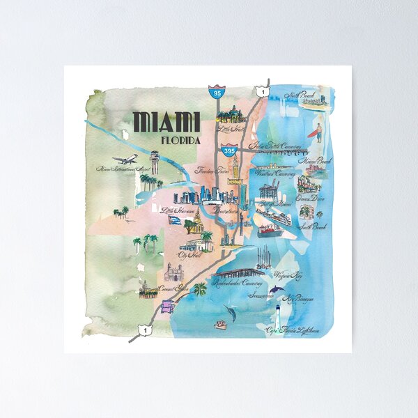 Item preview, Miami Florida Fine Art Print Retro Vintage Map with Touristic Highlights designed and sold by artshop77.