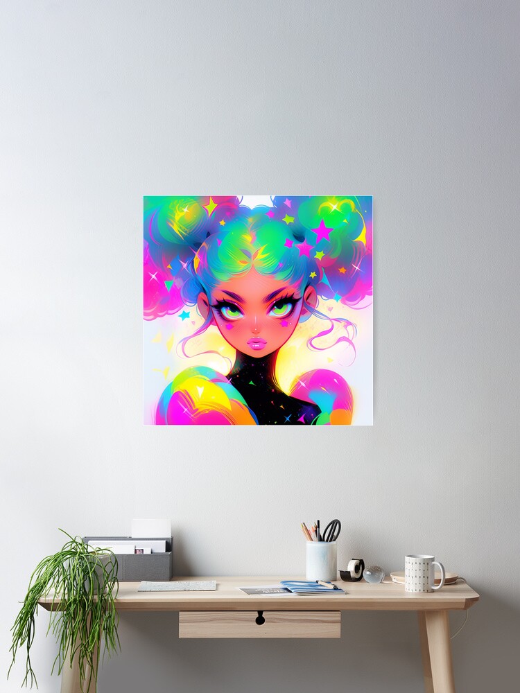 Beautiful Bright Neon Curly Hair Starry Anime Girl | Sticker