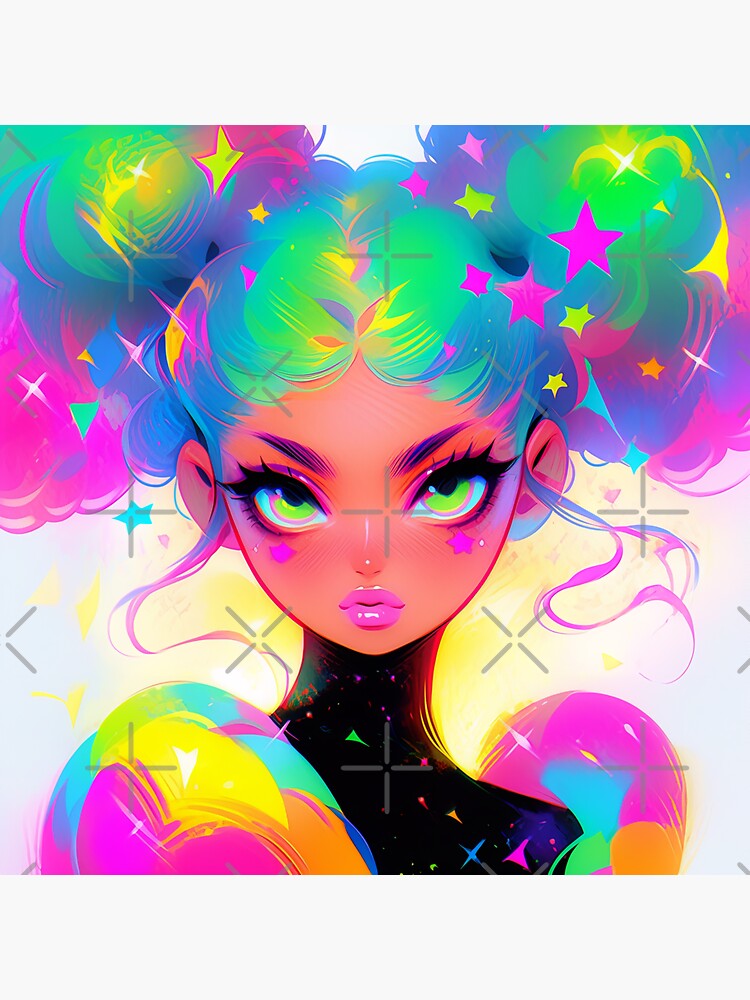 Beautiful Bright Neon Curly Hair Starry Anime Girl | Sticker