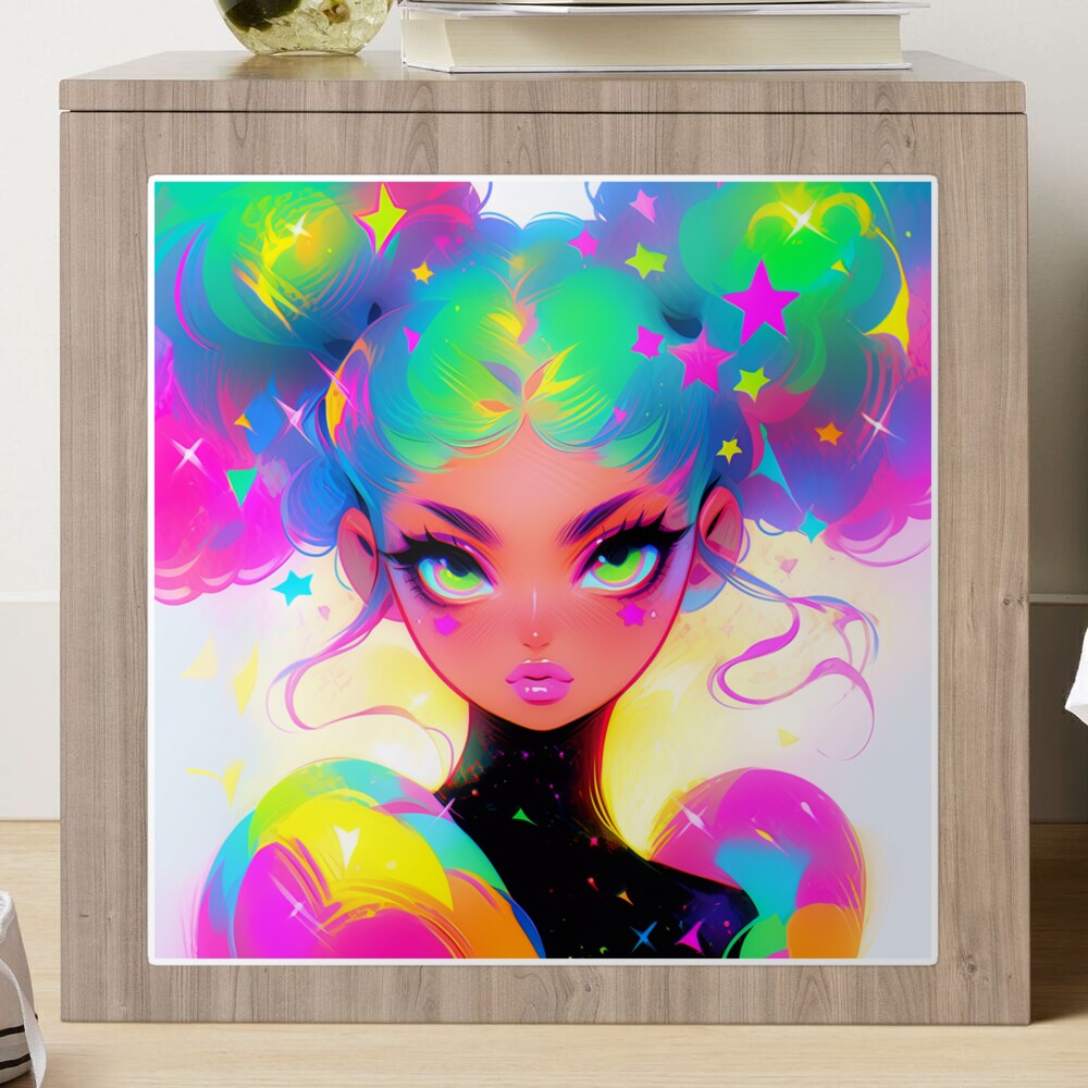 Beautiful Bright Neon Curly Hair Starry Anime Girl | Sticker