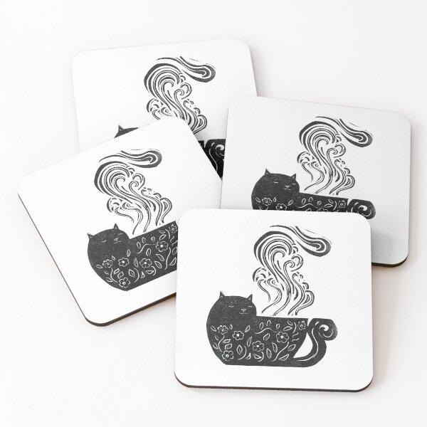 Item preview, Teacup cat Linocut Illustration  designed and sold by chinajones.