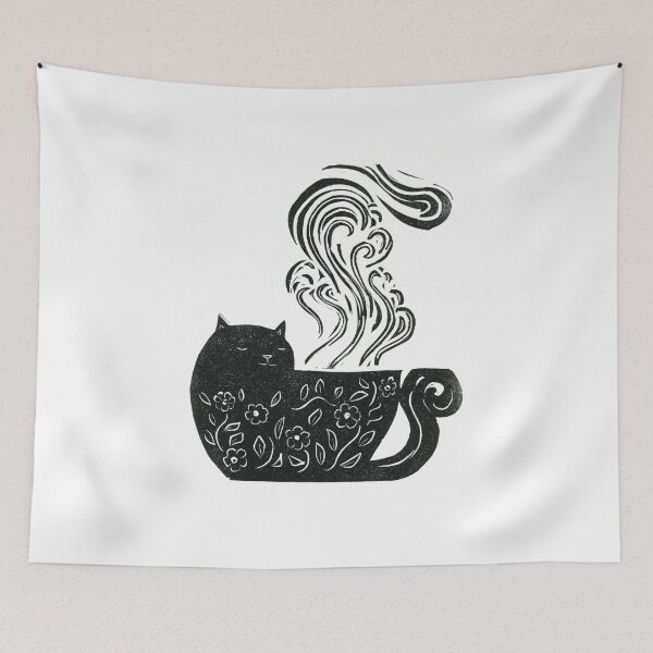Item preview, Teacup cat Linocut Illustration  designed and sold by chinajones.