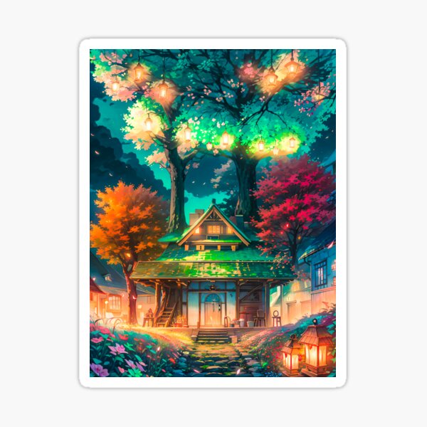 Anime Digital Art Wooden House Trees Sticker