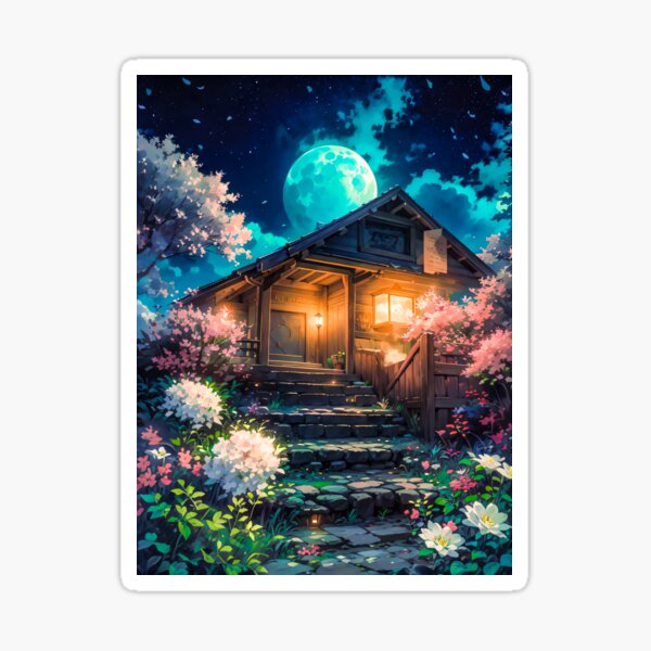 Anime Digital Art Wooden House Flowers Moon Night Sticker
