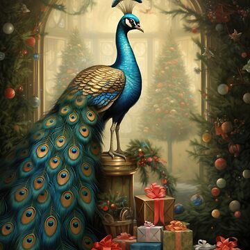 Ornate Peacock with Christmas Trees and Decorations Art Board
