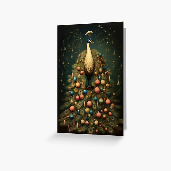 A Peacock becomes a Christmas Tree Illustration Greeting Card