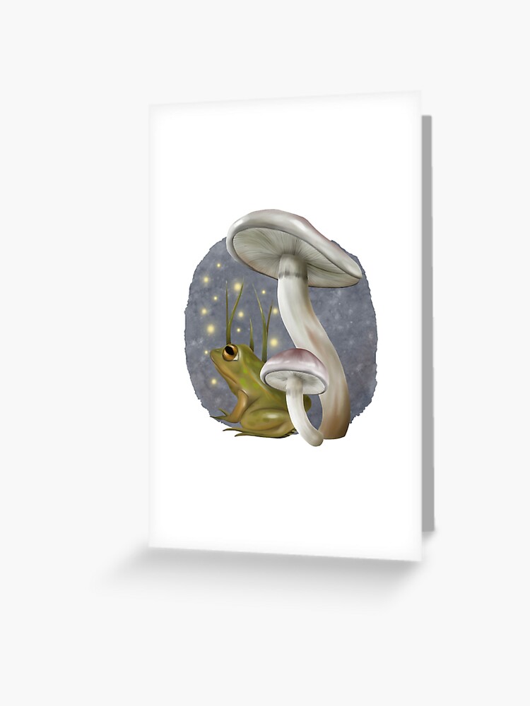 Thumbnail 1 of 2, Greeting Card, Little frog taking shelter under mushrooms designed and sold by StructuralBlue.