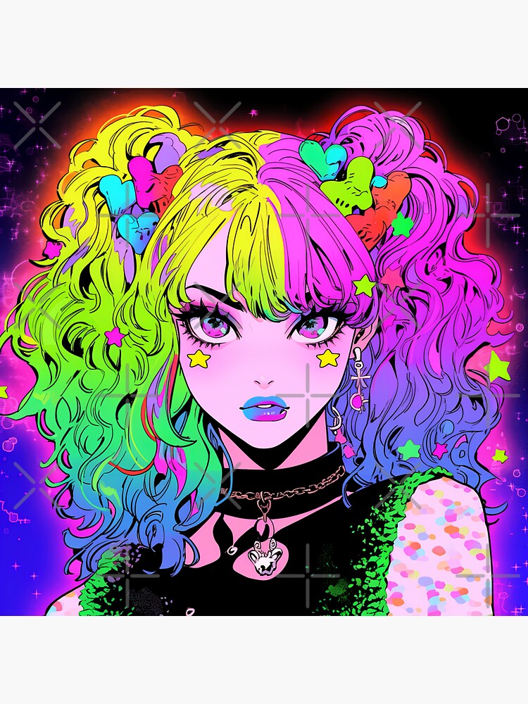 Beautiful Bright Neon Curly Hair Starry Anime Girl | Sticker