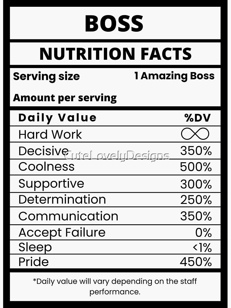 "Boss Nutrition Facts Cool Team Leader" Sticker for Sale by Youcan2