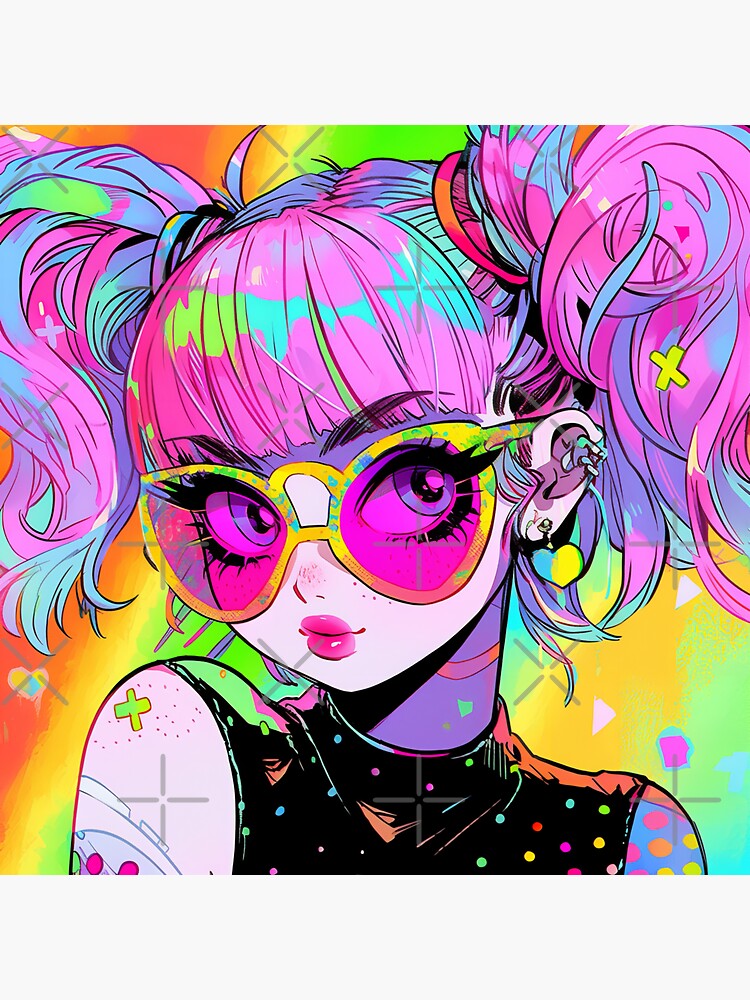 Beautiful Bright Neon Curly Hair Starry Anime Girl | Sticker