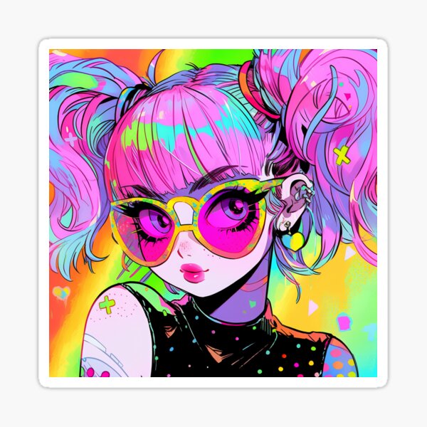 Beautiful Bright Neon Curly Hair Starry Anime Girl | Sticker