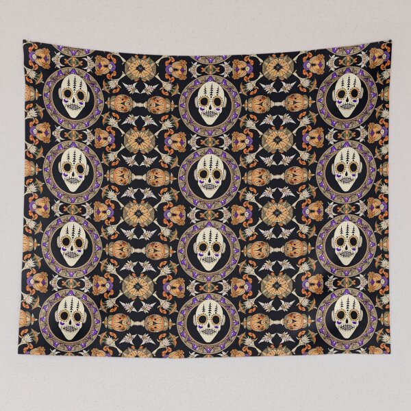 Item preview, Voodoo Witch Doctor Shrunken Head Halloween Vintage Illustration Bones Print Pattern designed and sold by CoffeeIsATrip.