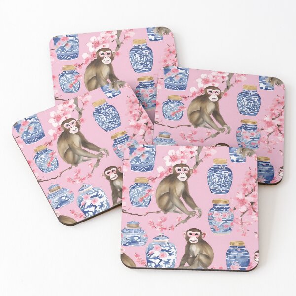 Item preview, Monkeys, cherry blossom and chinoiserie jars designed and sold by SophieClimaArt.