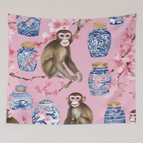 Item preview, Monkeys, cherry blossom and chinoiserie jars designed and sold by SophieClimaArt.