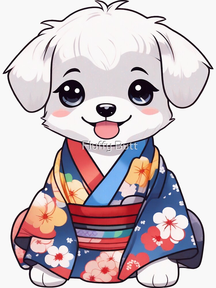 Thumbnail 3 of 3, Sticker, Chibi Boy Puppy in Japanese Yukata designed and sold by Vtraveling.