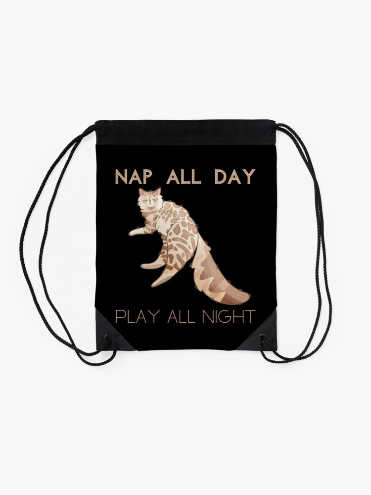 Thumbnail 2 of 3, Drawstring Bag, Nap all Day, Play all Night - Cashmere Bengal Cat Longhair - Gifts for cat lovers designed and sold by FelineEmporium.