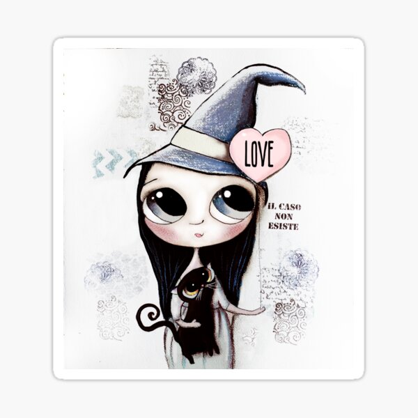 Witch with black hair and black cat and heart of Love Sticker