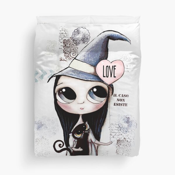 Witch with black hair and black cat and heart of Love Duvet Cover