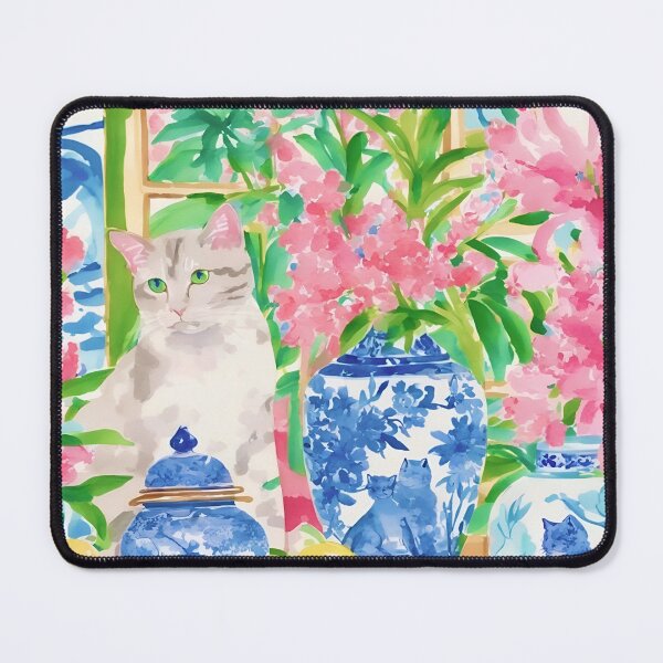 Item preview, Cat in chinoiserie interior with ginger jars and flowers designed and sold by SophieClimaArt.