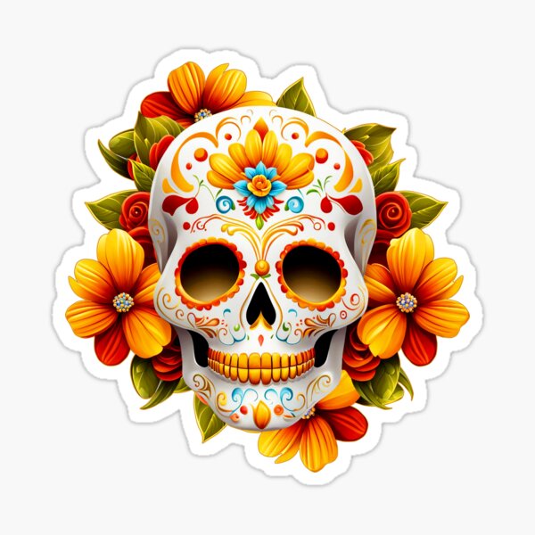 Day of the Dead Skull with Yellow and Blue Flowers