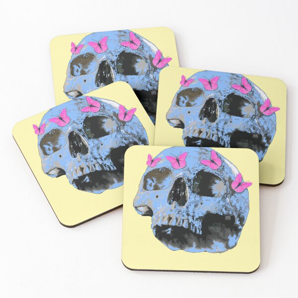 Item preview, Sky blue skull (side view) with pink butterflies designed and sold by Whimsy Trail Co.