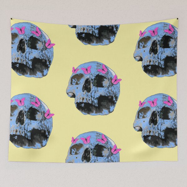 Item preview, Sky blue skull (side view) with pink butterflies designed and sold by m-yoga-store.