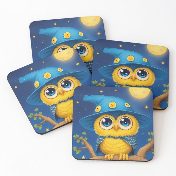 Item preview, Cute baby owl with big blue eyes in a funny hat, cartoon-style owl on the tree, baby owl l in the starry sky designed and sold by FunnySunny T-Shirts.