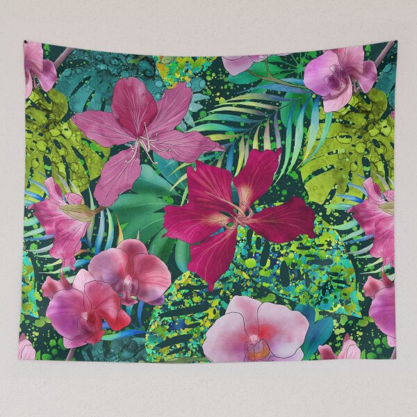 Item preview, Dark tropical flowers and palm leaves Orchids, Bauhinia flowers watercolor exotic printloral seamless pattern designed and sold by likapix.