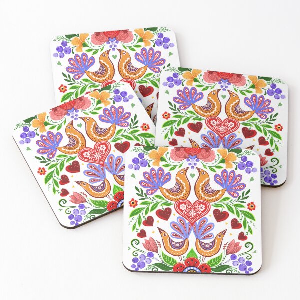 Item preview, Yellow folk birds, flowers and heards designed and sold by Hennagirl.