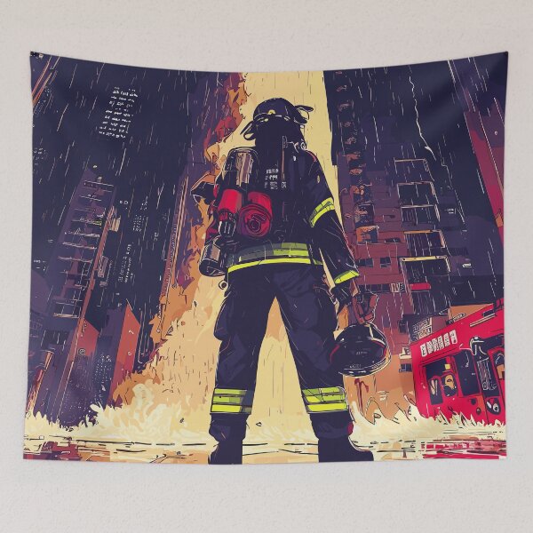 Item preview, Fire - Anime firefighter fireman in a rainy city designed and sold by TomFrontierArt.