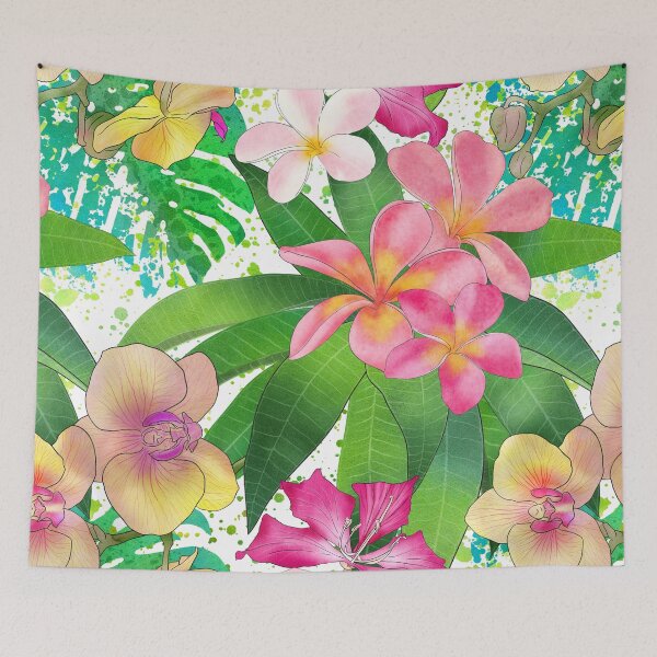 Item preview, Tropical flowers and leaves watercolor summer print. Plumeria, Orchids, Bauhinia vibrant exotic flowers designed and sold by likapix.