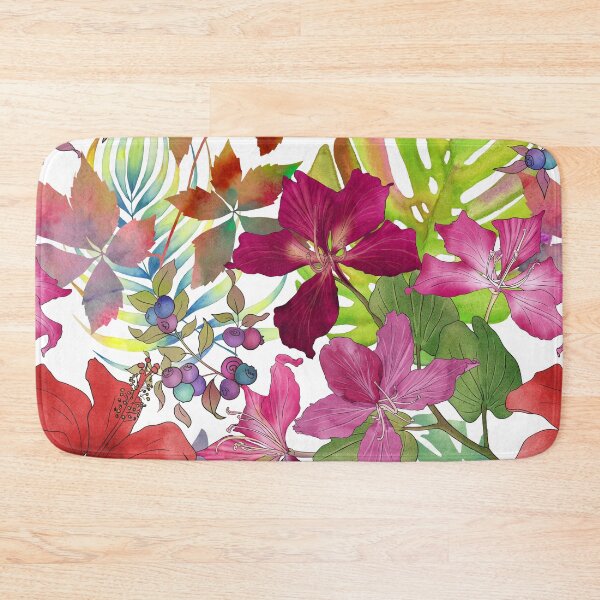 Item preview, Tropical flowers and leaves watercolor summer botanical illustration. Bauhinia, Hibiscus flowers Monstera, palm leaves. Aquarelle vibrant jungle print.  designed and sold by likapix.