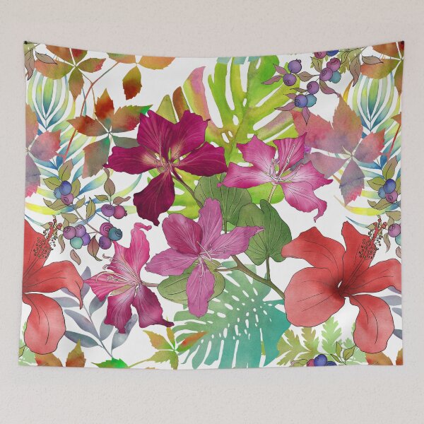 Item preview, Tropical flowers and leaves watercolor summer botanical illustration. Bauhinia, Hibiscus flowers Monstera, palm leaves. Aquarelle vibrant jungle print.  designed and sold by likapix.