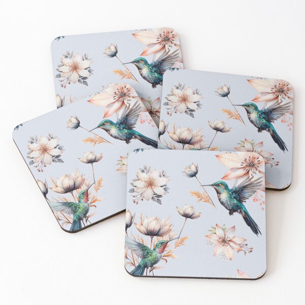 Item preview, Hummingbird with herbs and abstract watercolor flowers pattern on light blue designed and sold by DariyaDell.