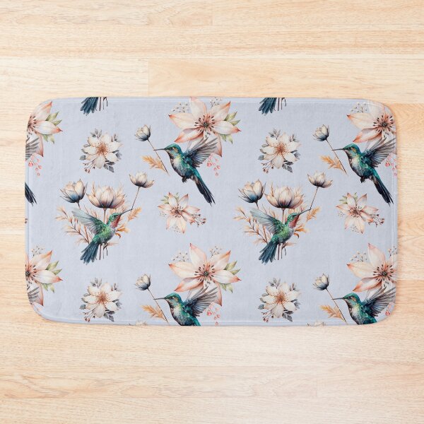 Item preview, Hummingbird with herbs and abstract watercolor flowers pattern on light blue designed and sold by DariyaDell.
