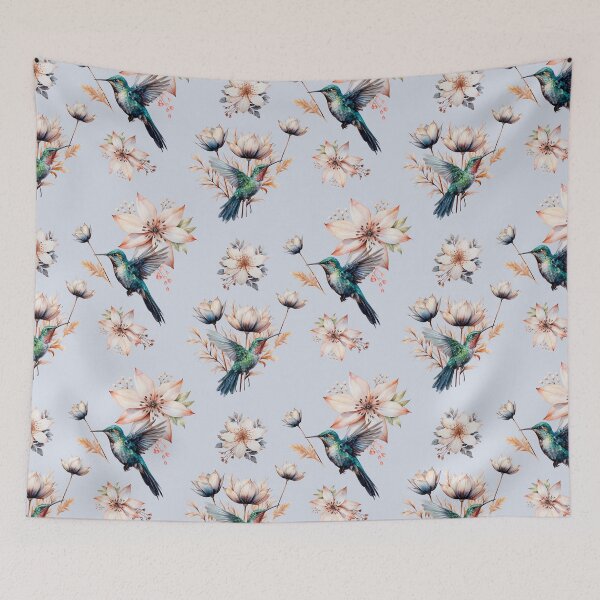 Item preview, Hummingbird with herbs and abstract watercolor flowers pattern on light blue designed and sold by DariyaDell.