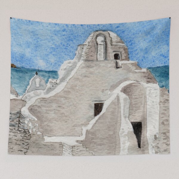 Item preview, Mykonos Chapel Greek Island watercolor designed and sold by Zamen.