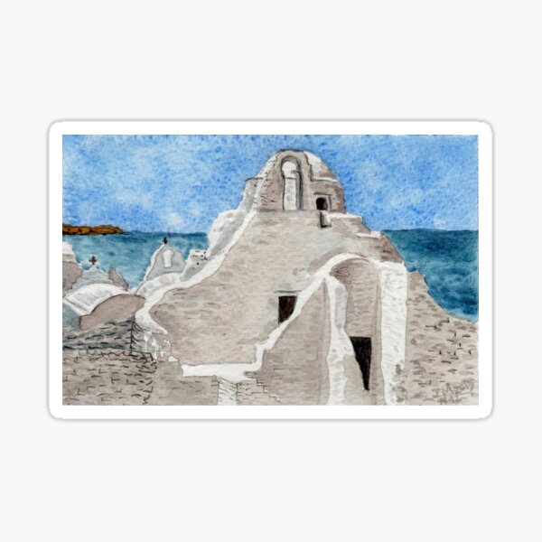 Item preview, Mykonos Chapel Greek Island watercolor designed and sold by Zamen.