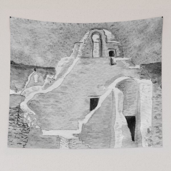 Item preview, Mykonos Chapel Greek Island watercolor black and white version designed and sold by Zamen.