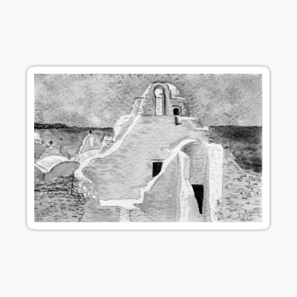Item preview, Mykonos Chapel Greek Island watercolor black and white version designed and sold by Zamen.