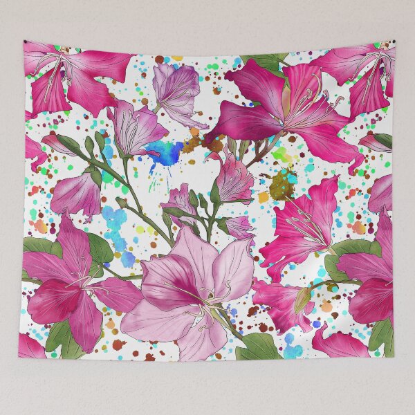 Item preview, Tropical Bauhinia flowers summer print. Blooming Orchid Tree branches. Exotic flowers composition designed and sold by likapix.