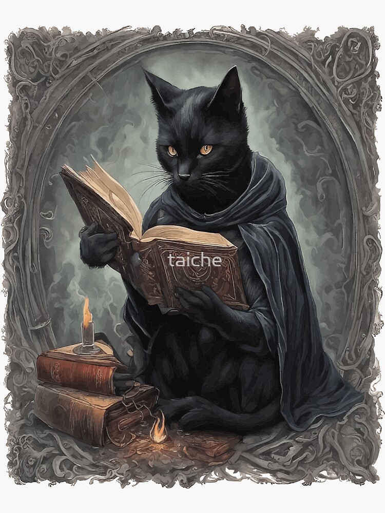 Black Cat Reading Magic Spell Book Sticker Aesthetic Wicca Wiccan