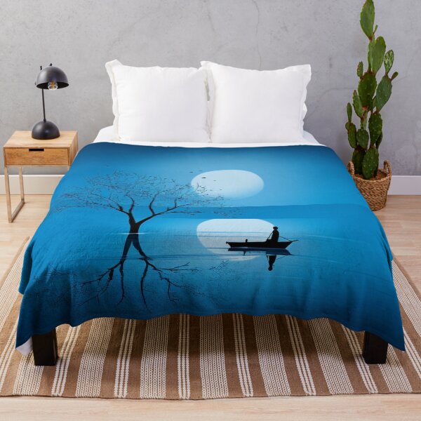 Item preview, Quiet, Still & Secluded: Tree, Moon & Boat in Blue Tones designed and sold by PaintbrushPlace.