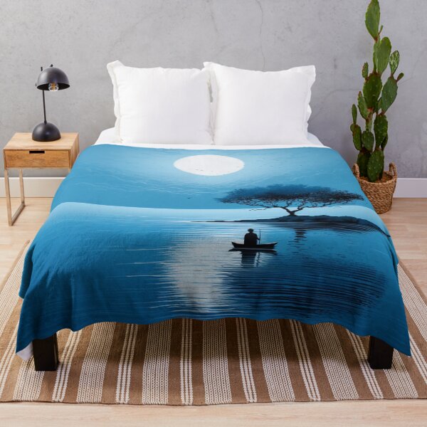 Item preview, Serenity in Blue: A Quiet, Secluded Scene with Tree, Moon, and Boat designed and sold by PaintbrushPlace.
