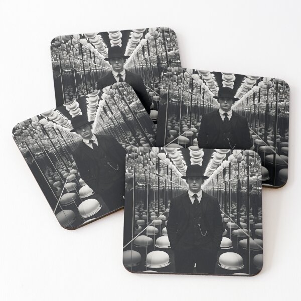 Item preview, Stark black-and-white photography with lots of mirrors and reflections in the style of symmetry and repetition designed and sold by AI-Only Creations.